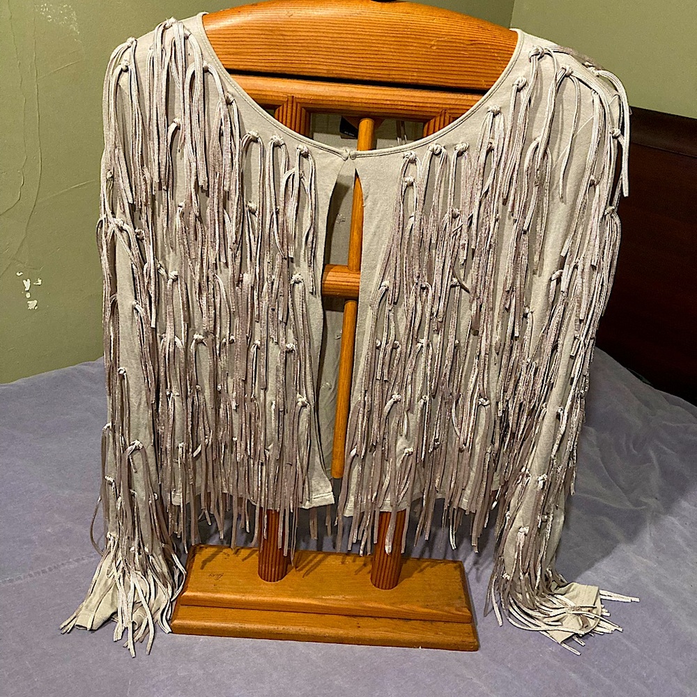 Beige INC INTERNATIONAL CONCEPTS All Over Fringe Cropped Tassel Jacket size L